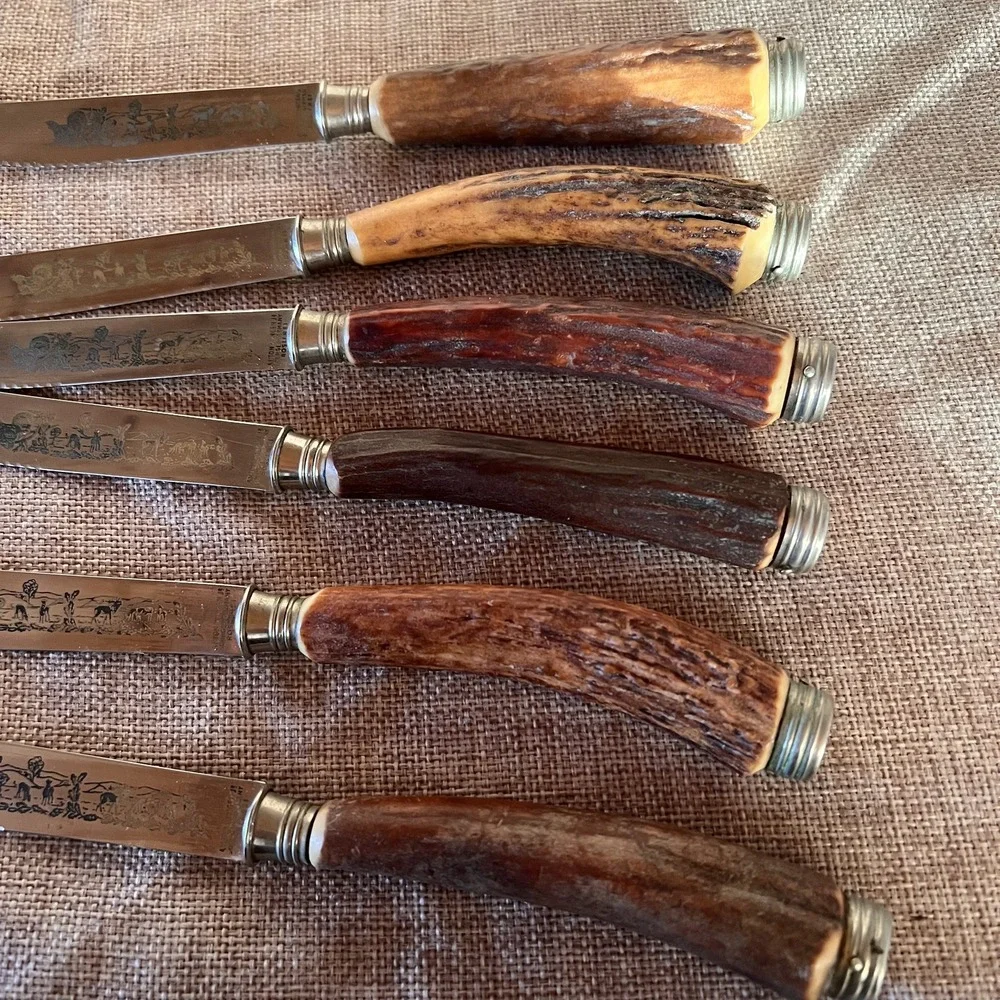 Anton Wingen Solingen Germany Rostfrei Engraved Stag Horn 6 Piece Knife Set‎